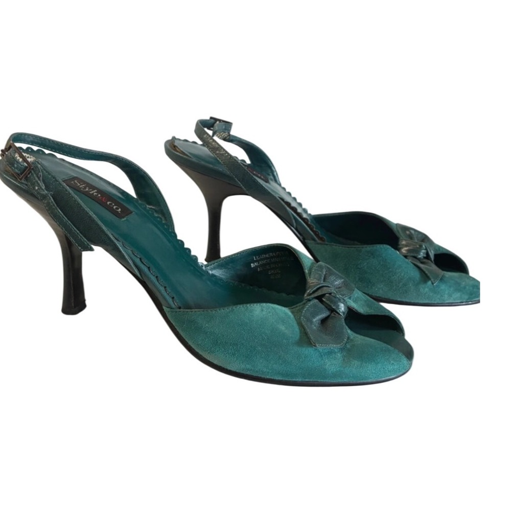 Style & Co Skye Olive Green Leather Suede Kitten Heel Slingback Bow Sandals 8.5M